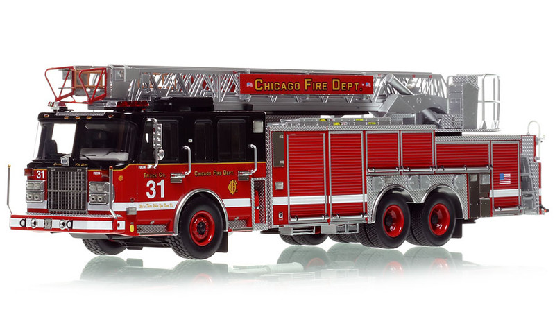 1:50 scale model of Chicago Fire Department 2010 Spartan 103' Rear Mount - Truck 31 - West Lawn