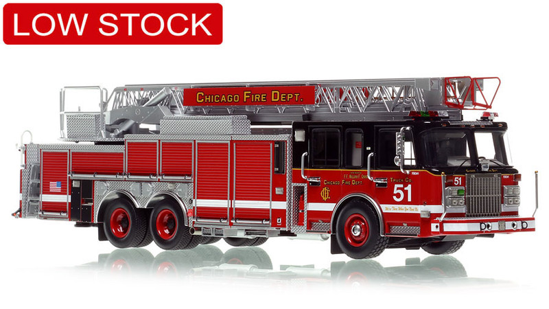 1:50 scale model of Chicago Fire Department 2010 Spartan 103' Rear Mount - Truck 51 - Englewood