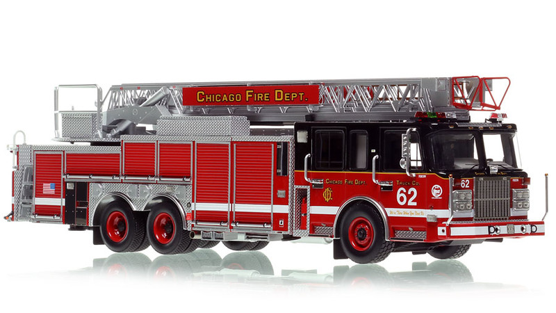 1:50 scale model of Chicago Fire Department 2010 Spartan 103' Rear Mount - Truck 62 - South Deering
