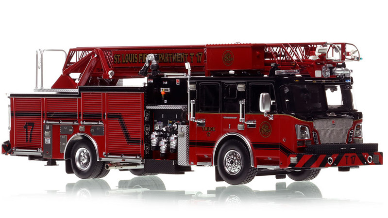 1:50 scale model of St. Louis Fire Dept. 2020 Spartan/Smeal 75' Truck 17 - Covenant Blu/Grand Center