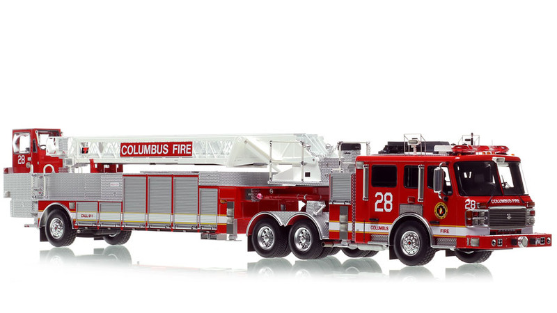 1:50 scale model of Columbus Division of Fire 2008 ALF Eagle/LTI 110’ TDA Ladder 28 - Easton