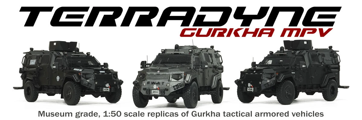 1:50 scale models of Terradyne Gurkha tactical armored vehicles.