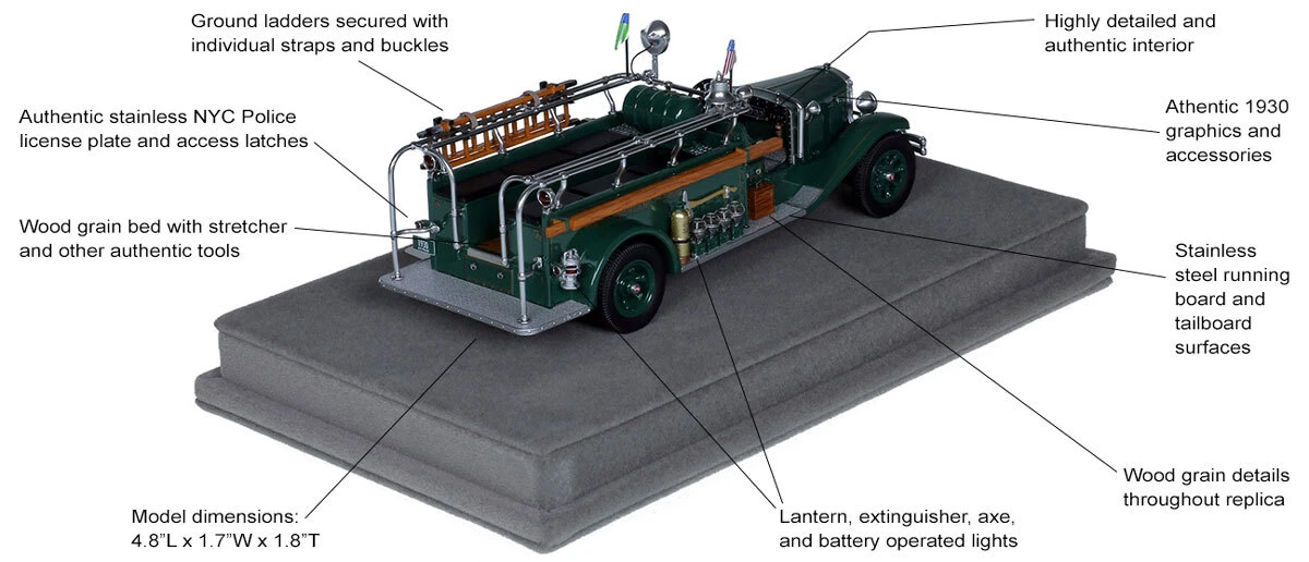 Specs and Features of the 1:50 scale model of the NYPD 1930 Mack ESU
