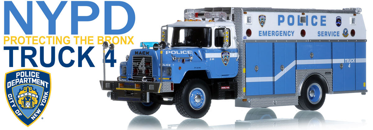 1:50 scale model of New York City Police Department 1990 Mack DM/Saulsbury ESS 4 - Bronx