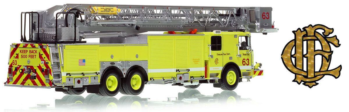 Fire Replicas 1:50 scale model of Chicago O'Hare 2021 E-One Cyclone II Tower Ladder 63
