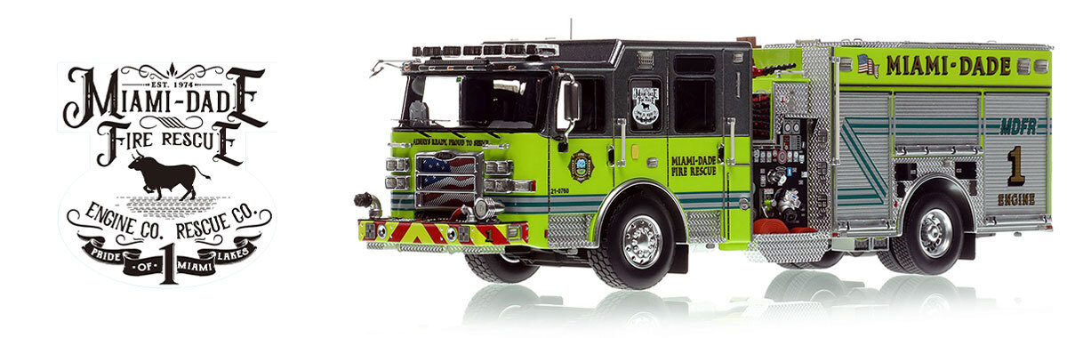1:50 scale model of Miami-Dade Fire Rescue 2023 Pierce Enforcer Engine 1 - Miami Lakes