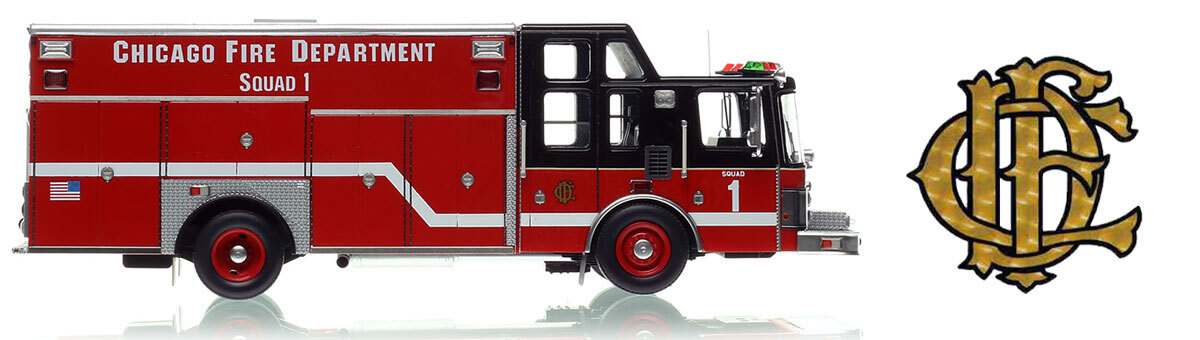 1:50 scale model of Chicago Fire Department 1996 HME/Saulsbury Squad 1