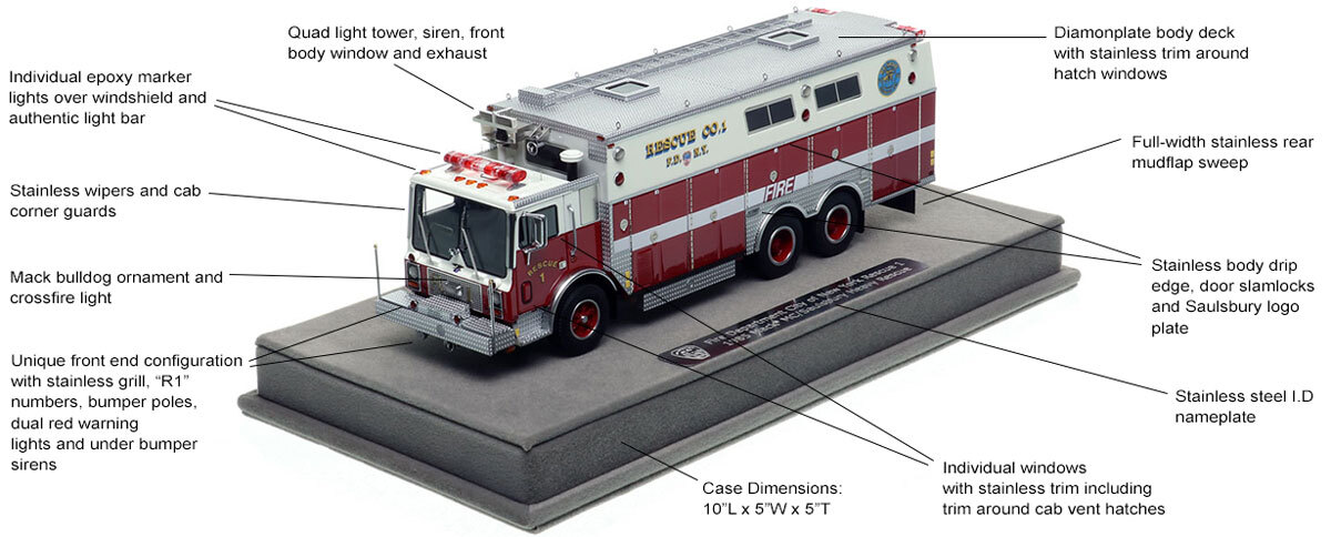 Specs and features of the FDNY Rescue 1 Mack MC/Saulsbury