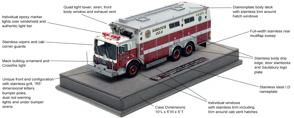 Features and specs of  FDNY 1985 Mack MC/Saulsbury Rescue 5 - Staten Island