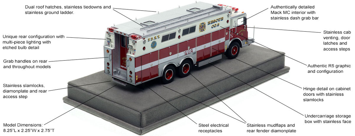 Specs and Features of  FDNY 1985 Mack MC/Saulsbury Rescue 5 - Staten Island