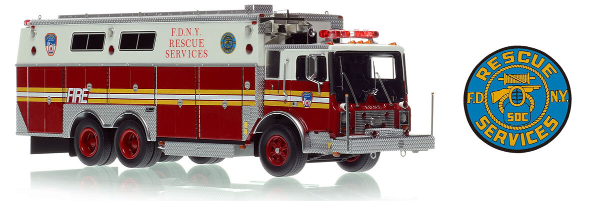 1:50 scale model of  FDNY 1985 Mack MC/Saulsbury Rescue Services - Ex R5 - Staten Island