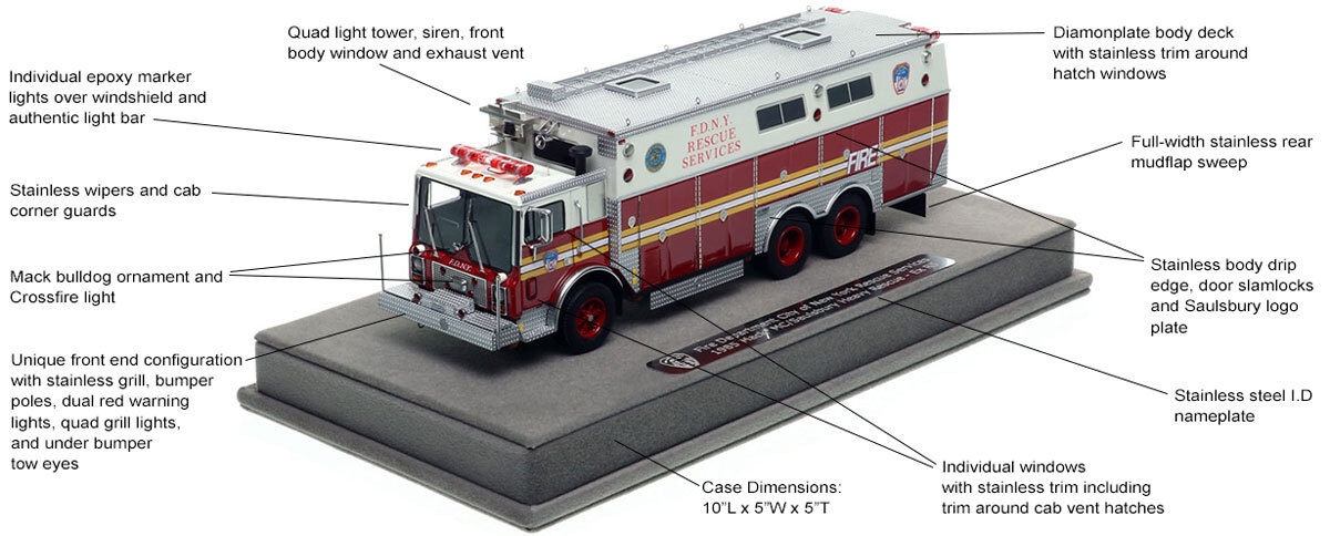 Features and Specs of FDNY 1985 Mack MC/Saulsbury Rescue Services - Ex R5 - Staten Island