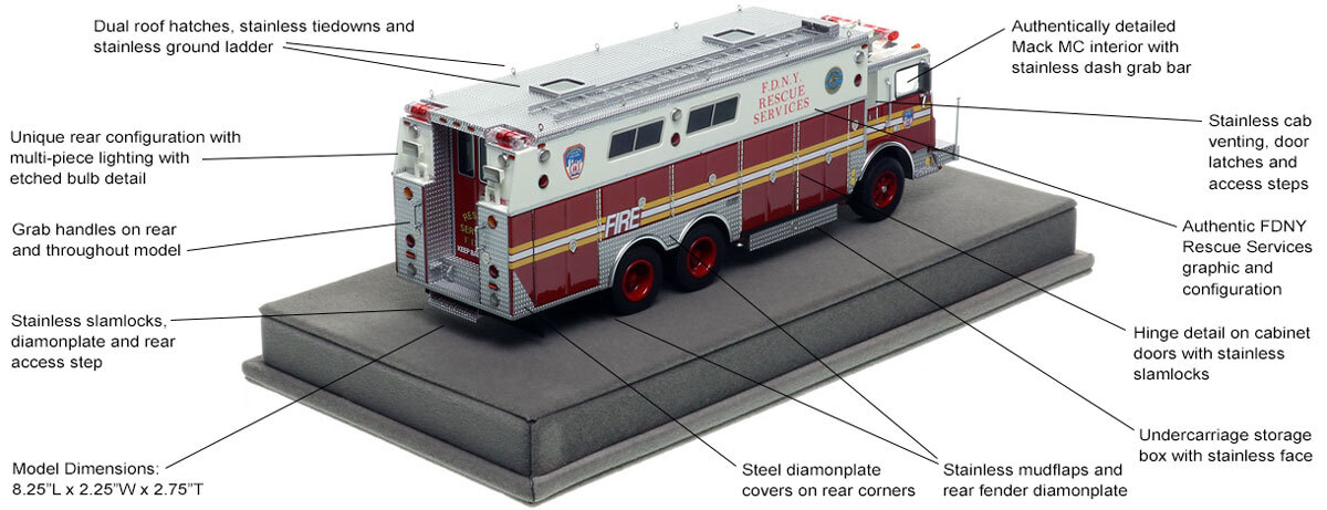 Specs and Features of FDNY 1985 Mack MC/Saulsbury Rescue Services - Ex R5 - Staten Island