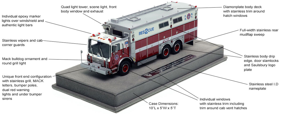 Features and specs of FDNY 1990 Mack MC/Saulsbury Rescue 2 - Brooklyn