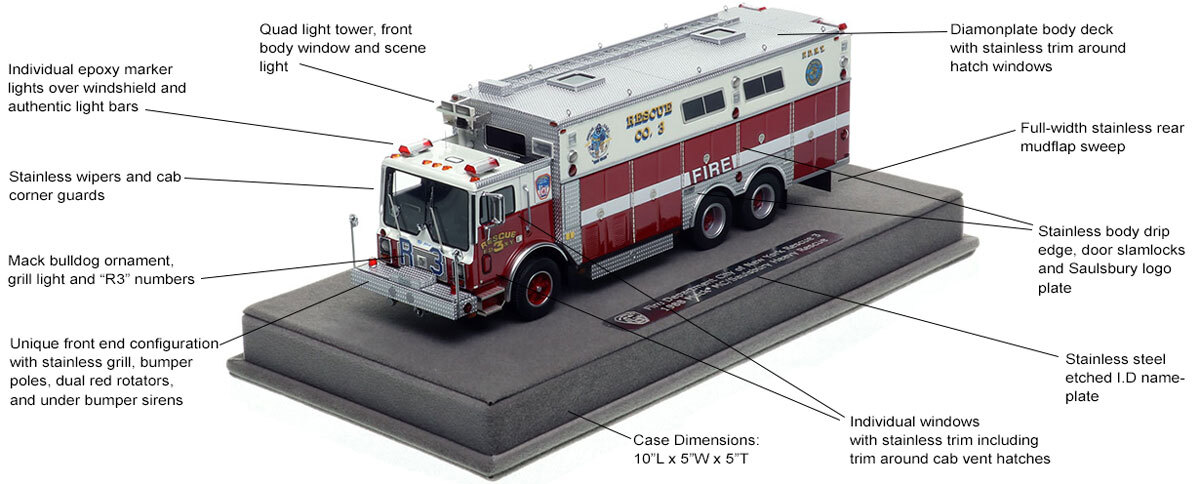 Features and specs of  FDNY 1988 Mack MC/Saulsbury Rescue 3 - Bronx