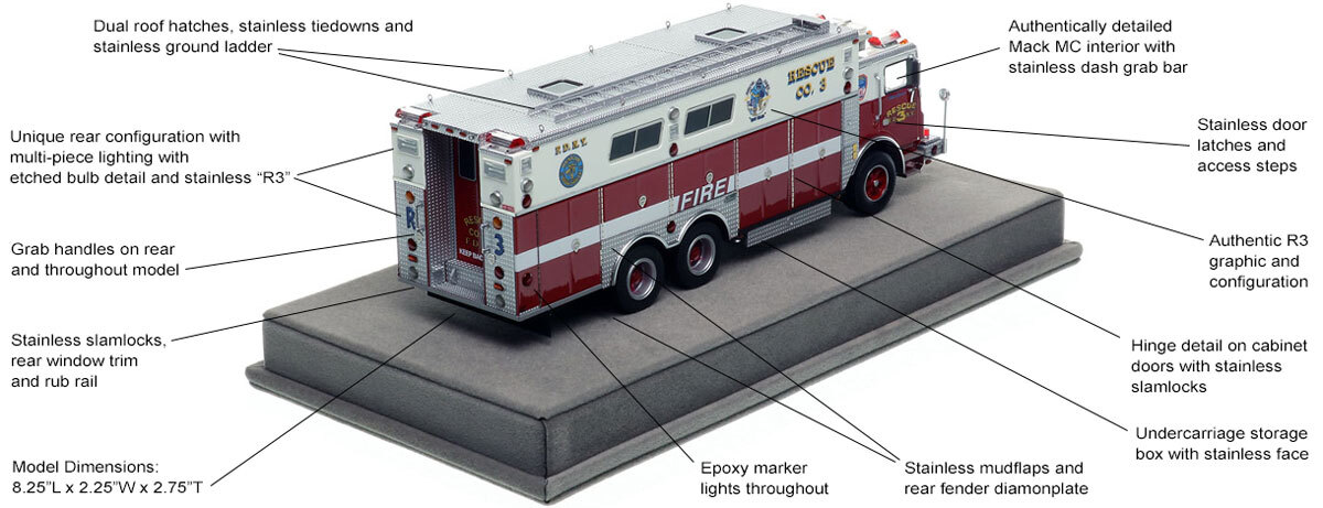 Specs and features of  FDNY 1988 Mack MC/Saulsbury Rescue 3 - Bronx