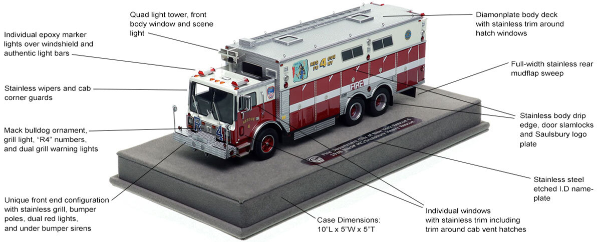 Features and specs of FDNY 1988 Mack MC/Saulsbury Rescue 4 - Queens