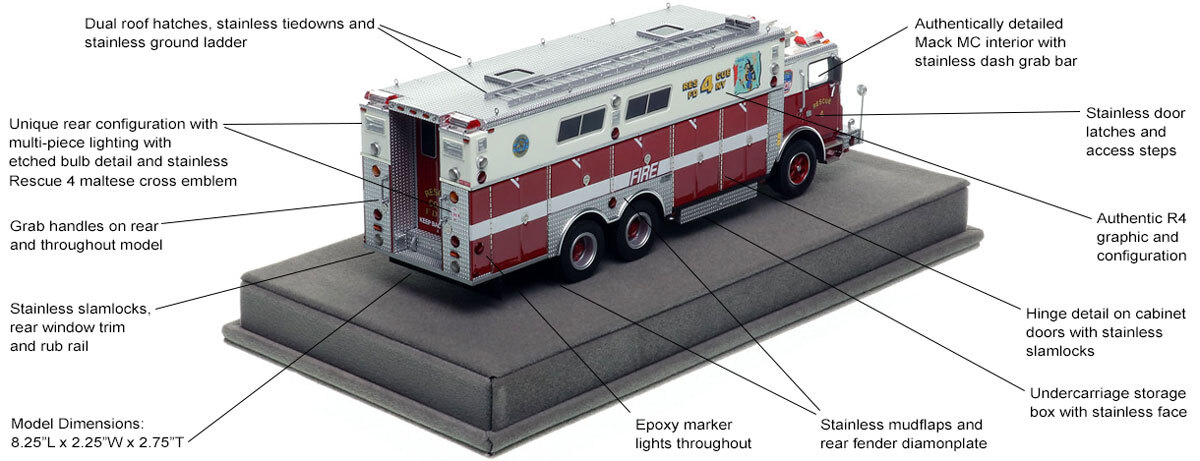 Specs and features of FDNY 1988 Mack MC/Saulsbury Rescue 4 - Queens