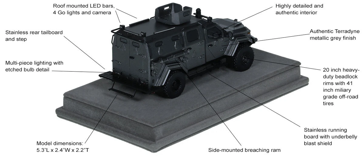 Features and Specs of 1:50 scale Terradyne Gurkha MPV - Metallic Grey