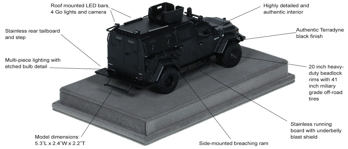 Features and Specs of 1:50 scale Terradyne Gurkha MPV - Black