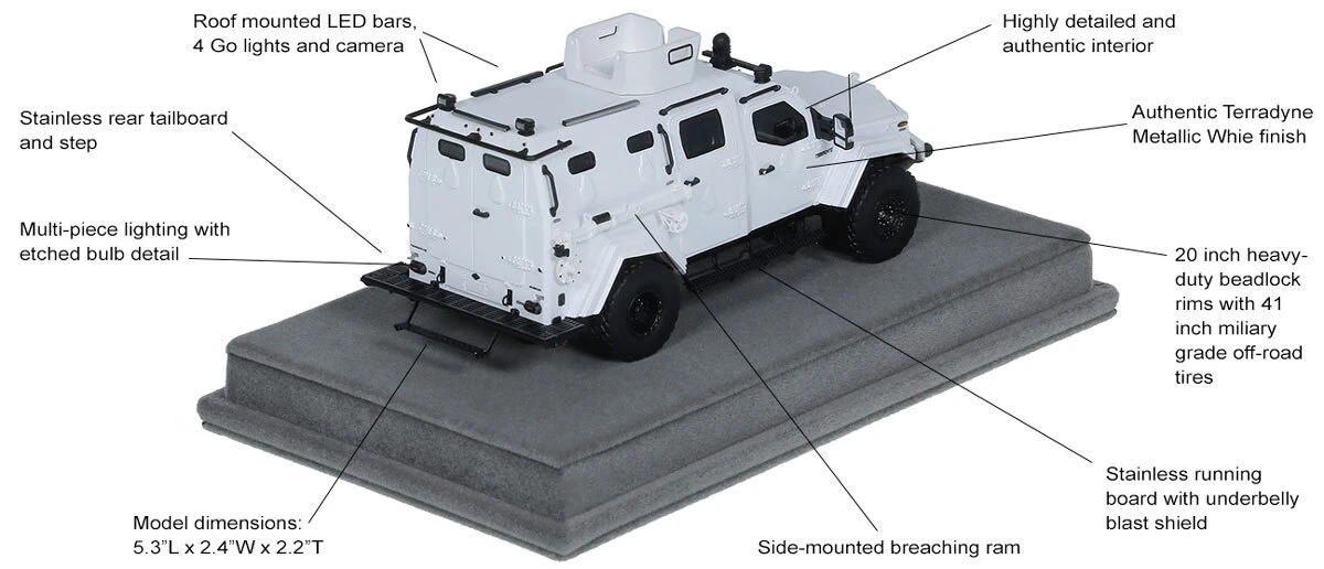 Features and Specs of 1:50 scale Terradyne Gurkha MPV - Metallic White