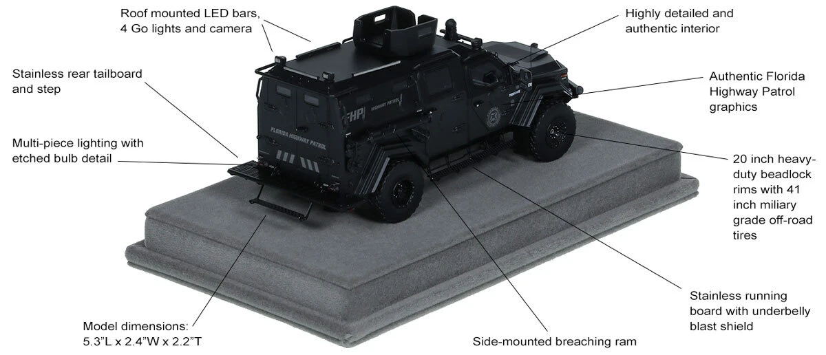 Features and Specs of 1:50 scale Terradyne Gurkha MPV - Florida Highway Patrol