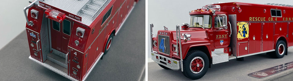 Closeup pictures 3-4 of the FDNY's 1979 Mack R/Pierce Rescue 4 scale model