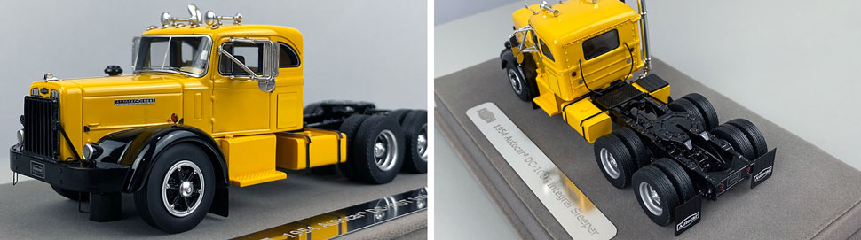 Closeup pics 1-2 of Autocar DC-100T Integral Sleeper Tandem Axle tractor scale model in yellow over black