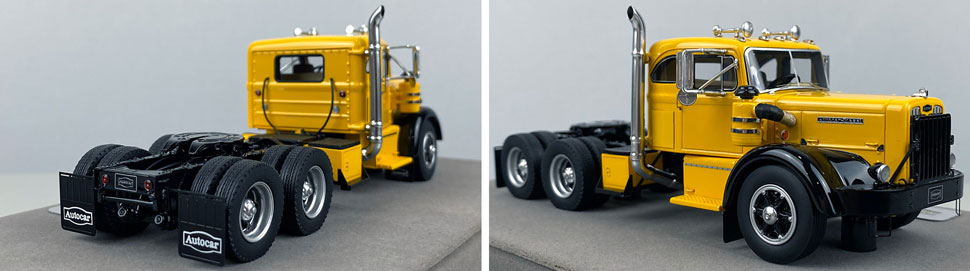 Closeup pics 11-12 of Autocar DC-100T Integral Sleeper Tandem Axle tractor scale model in yellow over black