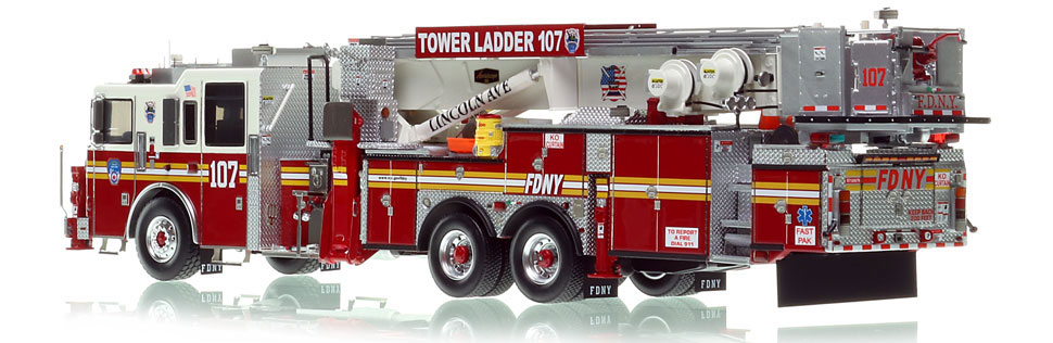 FDNY's Tower Ladder 107 scale model is hand-crafted and intricately detailed.