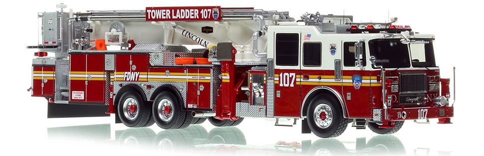 The first museum grade scale model of FDNY's Seagrave 95' Tower Ladder 107