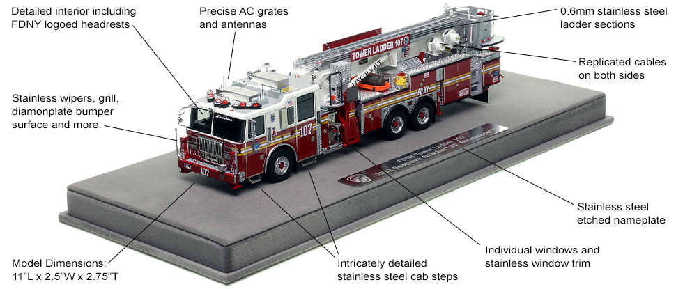 Features and Specs of FDNY Seagrave 95' Tower Ladder 107 scale model