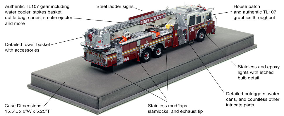 Specs and Features of FDNY's Seagrave 95' Tower Ladder 107 scale model