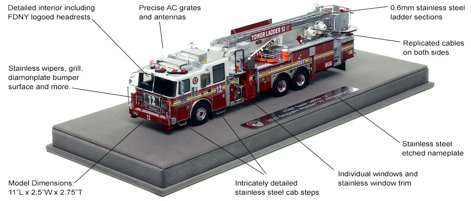 Features and Specs of FDNY Seagrave 95' Tower Ladder 12 scale model