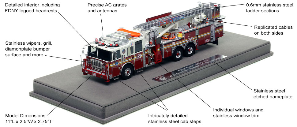 Features and Specs of FDNY Seagrave 95' Tower Ladder 121 scale model