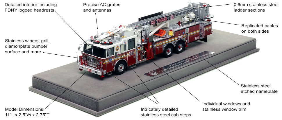 Features and Specs of FDNY Seagrave 95' Tower Ladder 161 scale model