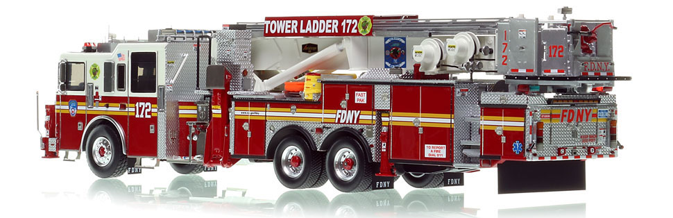 FDNY's Tower Ladder 172 scale model is hand-crafted and intricately detailed.