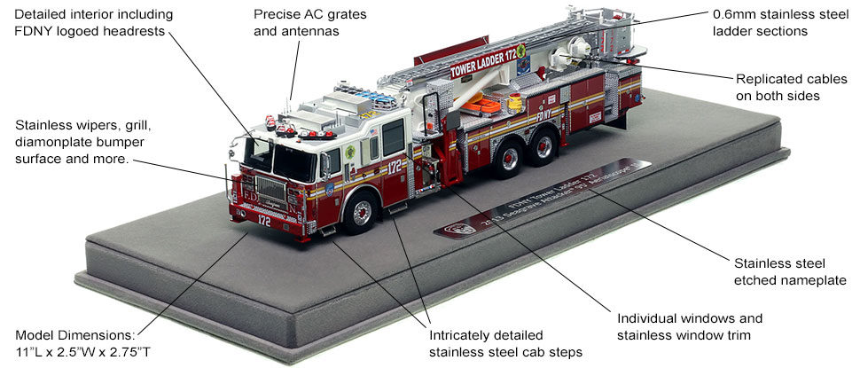 Features and Specs of FDNY Seagrave 95' Tower Ladder 172 scale model