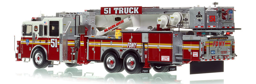 FDNY's Tower Ladder 51 scale model is hand-crafted and intricately detailed.