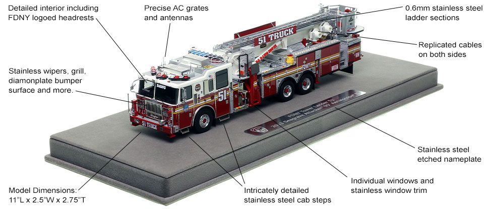 Features and Specs of FDNY Seagrave 95' Tower Ladder 51 scale model