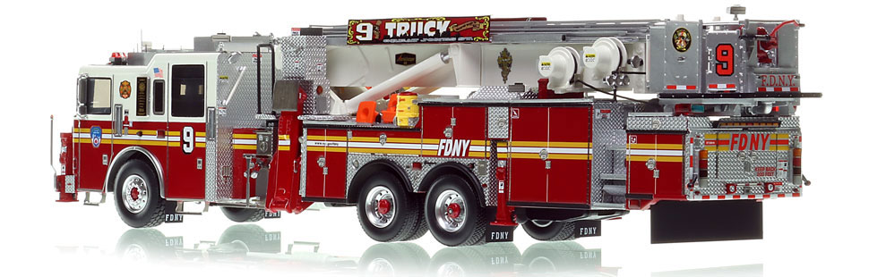 FDNY's Tower Ladder 9 scale model is hand-crafted and intricately detailed.