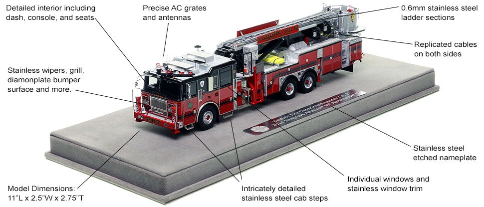 Features and Specs of Baldwin Fire Department Seagrave 95' Ladder Co. 2 scale model