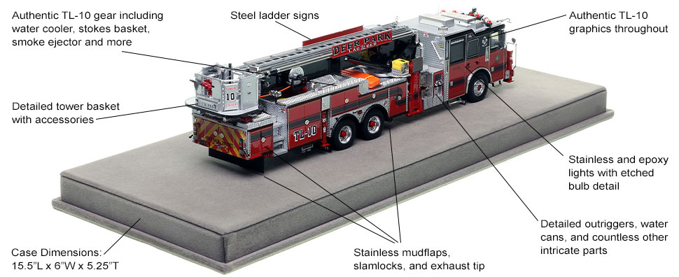 Specs and Features of Deer Park Fire Department's Seagrave 95' Ladder Co. 10 scale model