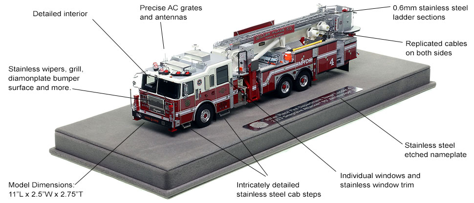 Features and Specs of Miller Place Fire Department Seagrave 95' Ladder 4 scale model
