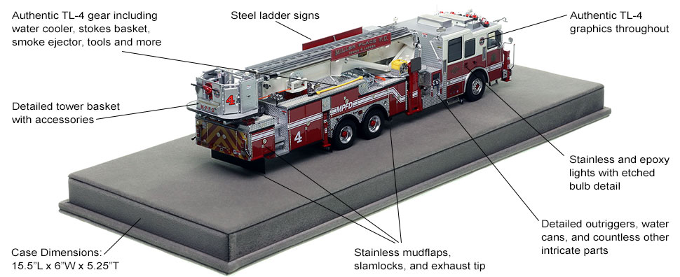 Specs and Features of Miller Place Fire Department's Seagrave 95' Ladder 4 scale model