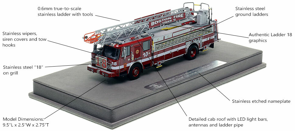 Features and Specs of Boston's E-One Ladder 18 scale model