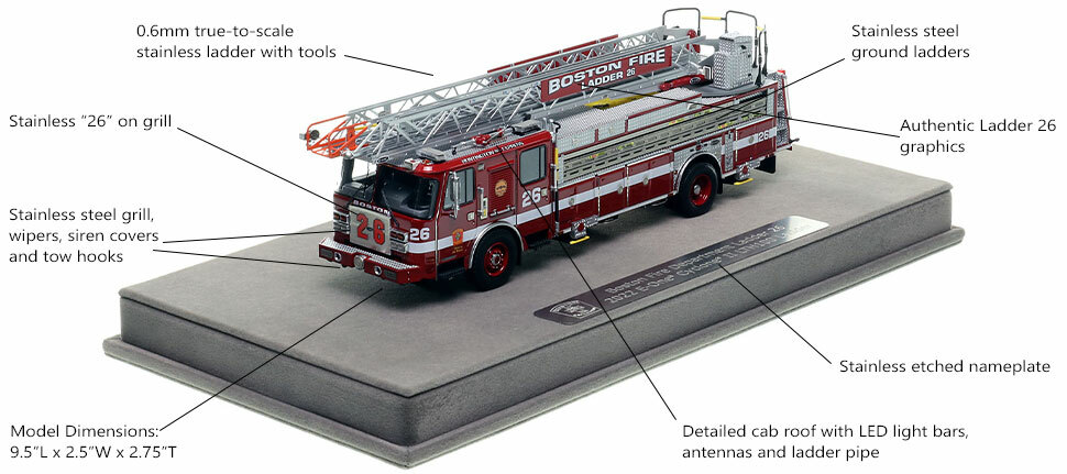 Features and Specs of Boston's E-One Ladder 26 scale model