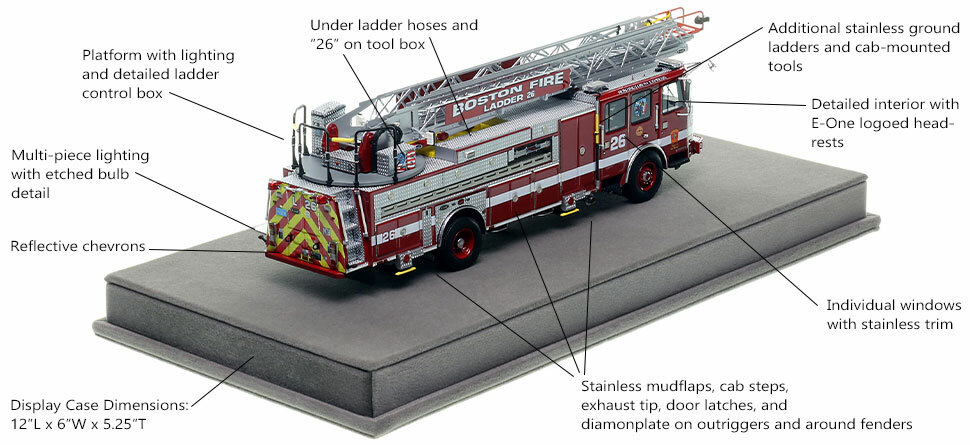 Specs and features of Boston's E-One Ladder 26 scale model