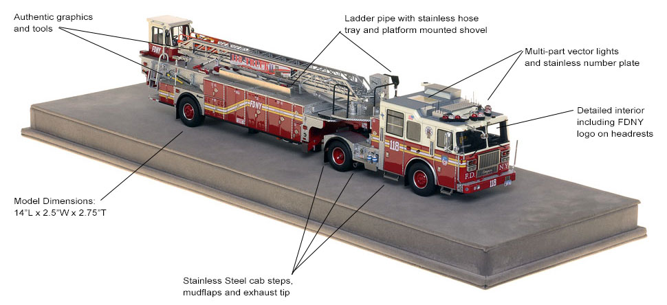 Specs and features of Brooklyn's Ladder 118 scale model.