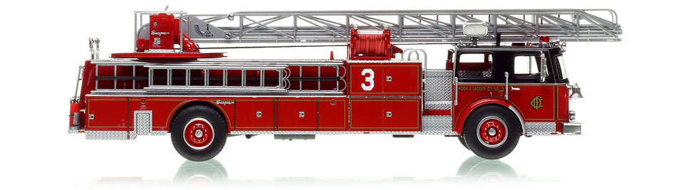 1:50 scale model of Chicago Fire Department 1969 Seagrave 100' Ladder - H&L Co. 3 - Downtown